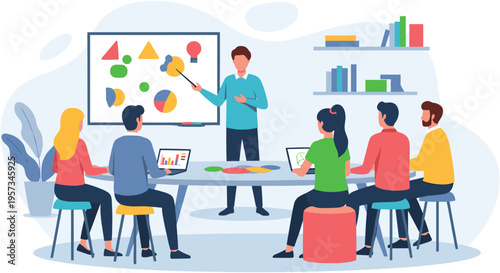 Diverse team in meeting with leader presenting on whiteboard in modern office in flat design style for business presentation