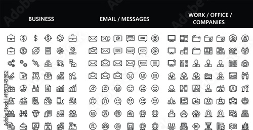 Large collection of thin line icons for business email messages and office work featuring professional symbols for finance communication corporate management and marketing