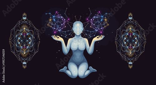Mystic Woman Meditating with Sacred Geometry and Cosmic Energy