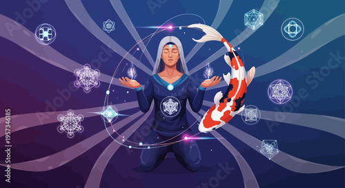 Zen Meditation with Koi Fish and Sacred Geometry Symbols
