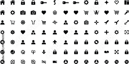 Mega set of solid black vector icons including home security locks keys hearts shopping carts and user profiles for web and app interface