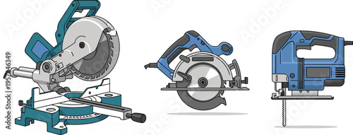 Professional power tool vector set including miter saw circular saw and jigsaw for woodworking construction carpentry and industrial home improvement DIY projects
