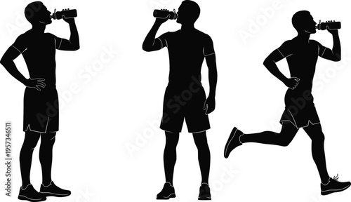 Athlete drinking water silhouettes showing hydration during workout and running isolated black vector illustration for fitness health lifestyle design use