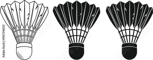 Badminton shuttlecock vector set in outline and silhouette styles isolated black illustration for sport equipment design and game icon use