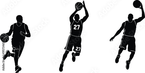Basketball player silhouettes dribbling shooting and dunking in action poses isolated black vector illustration for sport training design use