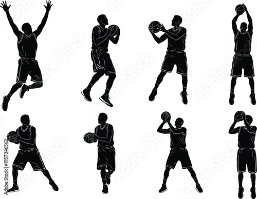 Basketball player silhouettes set showing shooting passing and jumping poses isolated black vector illustration for sport training and game design use