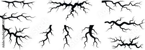 Abstract cracked branch silhouettes, lightning vein shapes, fractal tree roots design, isolated black crack texture elements, natural split line illustration set
