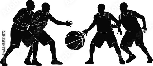 Basketball players silhouettes competing for ball showing defense and offense action isolated black vector illustration for sport training design use