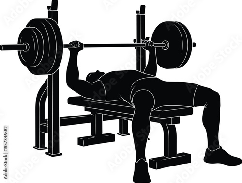 Bench press weightlifting silhouette showing athlete performing strength training exercise isolated black vector illustration for gym fitness and bodybuilding design use