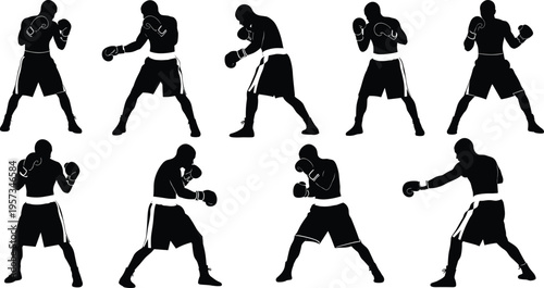 Boxing fighter silhouettes set showing punching and defensive stances isolated black vector illustration for sport training and combat design use