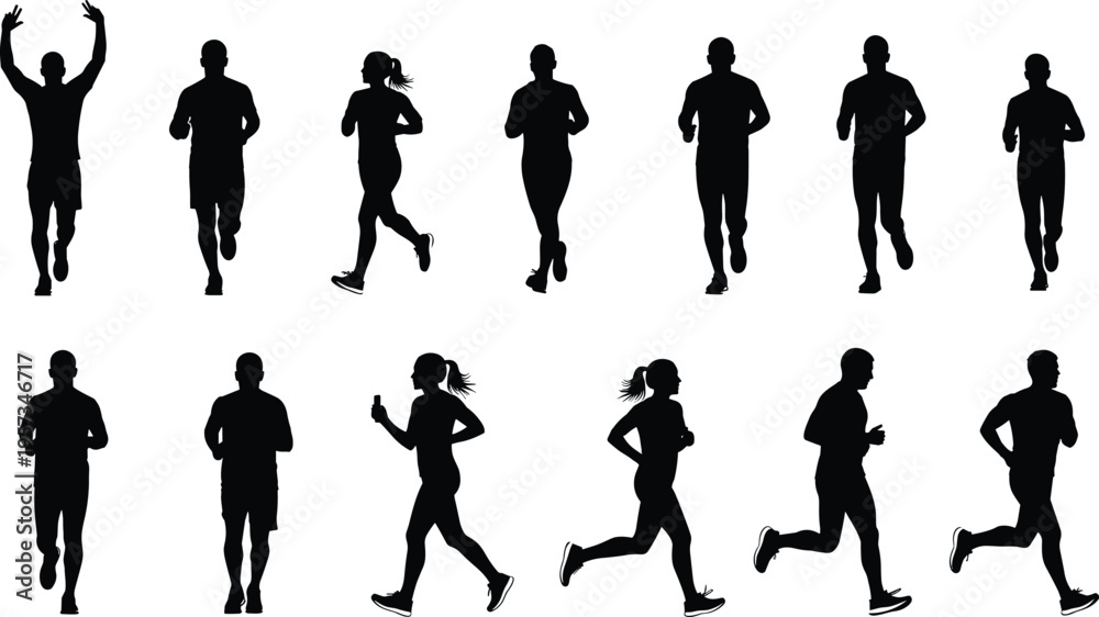 Fototapeta premium Collection of running silhouettes featuring men and women jogging in different poses isolated black vector illustration for fitness sport design use