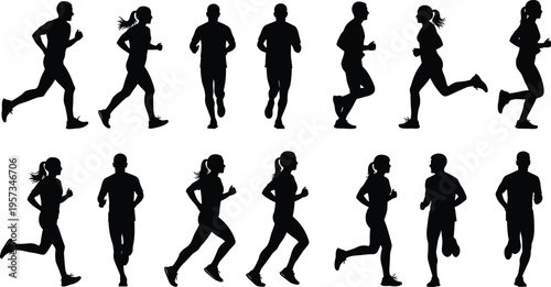 Collection of running people silhouettes including men and women jogging in various poses isolated black vector illustration for fitness sport design