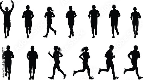 Collection of running silhouettes featuring men and women jogging in different poses isolated black vector illustration for fitness sport design use