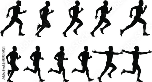 Collection of running man silhouettes in different poses including sprinting jogging and celebrating isolated black vector illustration for fitness sport design
