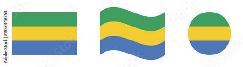 Gabon flag vector collection with flat, waving, and circular designs isolated on white background.