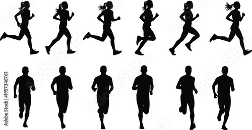 Collection of running silhouettes showing men and women jogging in different poses isolated black vector illustration for fitness sport design use