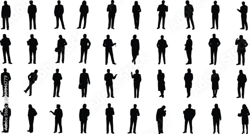 Business people silhouettes collection, standing poses, corporate professionals, office worker icons set, diverse posture variations, vector illustration for commercial use