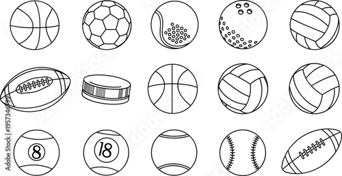 Collection of sports balls and equipment silhouettes in black and white line art, featuring basketball, soccer, tennis, baseball, football, hockey, and billiards.