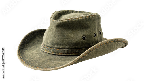 Distressed olive green bucket hat, durable canvas headwear for outdoor adventures and travel
