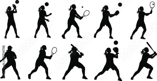 Female sport player silhouettes set including tennis baseball and ball games isolated black vector illustration for fitness training design use
