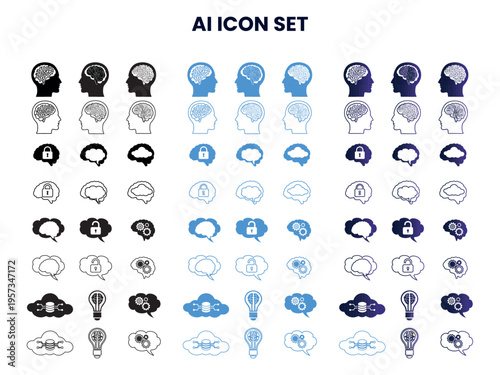 Artificial Intelligence Icon Set, AI Brain, Cloud Computing, Cyber Security, Machine Learning Vector Icons
