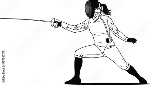 Fencing athlete silhouette in action performing lunge attack with sword isolated black vector illustration for sport training competition design use