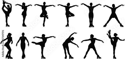Figure skating silhouettes set showing graceful poses and spins isolated black vector illustration for winter sport performance and dance design use
