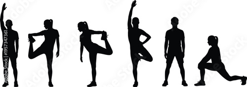 Fitness stretching silhouettes set showing warm up and flexibility poses isolated black vector illustration for workout training and healthy lifestyle design