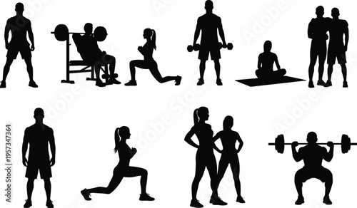 Fitness training silhouettes set showing gym exercises strength workout and body poses isolated black vector illustration for health and sport design