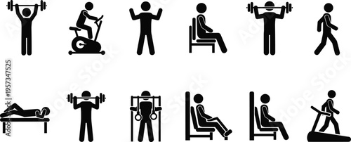 Gym and fitness icons set showing workout machines exercises and activities isolated black vector illustration for health training design use