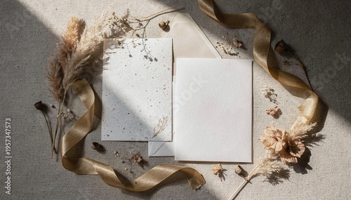 Elegant Boho Wedding Invitation Mockup with Dried Flowers and Ribbon