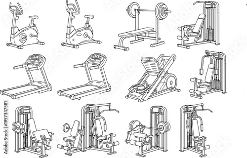 Gym equipment vector set including treadmill bike bench press and weight machines isolated black outline illustration for fitness training design use