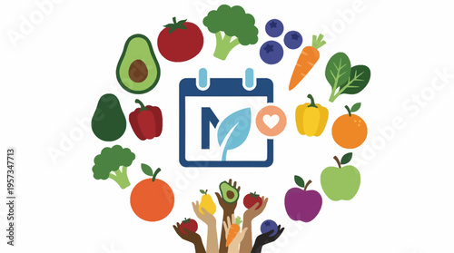 Flexitarian Healthy Eating Calendar Concept with Diverse Produce and Hands