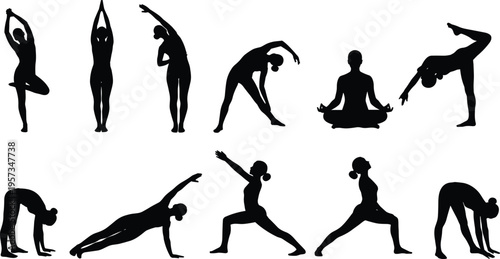 Minimalist silhouettes of diverse individuals practicing yoga poses, balance, meditation, stretching, and fitness exercises for wellness, health, and lifestyle concepts.