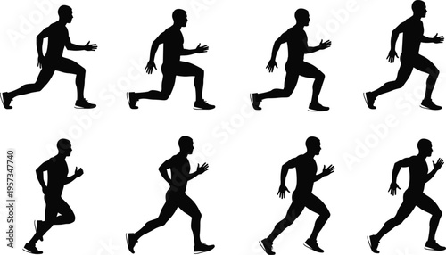Minimalist silhouettes of athletes running in sequence, showing dynamic stride phases, fitness, sports training, biomechanics, and human motion concepts.