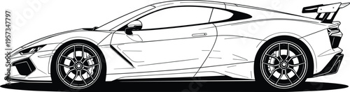 Modern sports car side view detailed black and white vector illustration isolated for automotive design transport racing and luxury vehicle concept