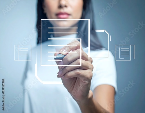 Wallpaper Mural Woman Interacting with Digital Document Interface for Data Management. Torontodigital.ca