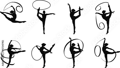 Rhythmic gymnastics silhouettes with ribbon showing flexibility balance and dance poses isolated black vector illustration for sport fitness design use