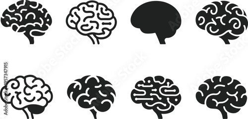 Black brain icons set, neuroscience symbols, cognitive illustration pack, mental health graphics, artificial intelligence concept, creative mind silhouettes, vector design collection