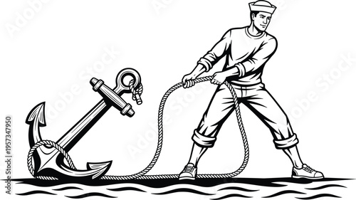 Sailor pulling rope with anchor on sea in vintage style black and white vector illustration for maritime design use