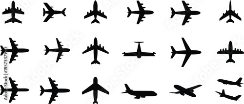 Silhouettes of various airplane icons, aviation aircraft from multiple angles, flight transportation symbols showing different plane models for travel and aeronautical design