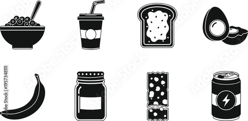 Set of food and drink icons including cereal coffee toast avocado banana jar chocolate and soda in black vector silhouette style