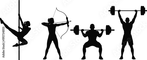 Set of fitness and sport silhouettes including pole dance archery weightlifting squat and barbell exercises isolated black vector illustration design