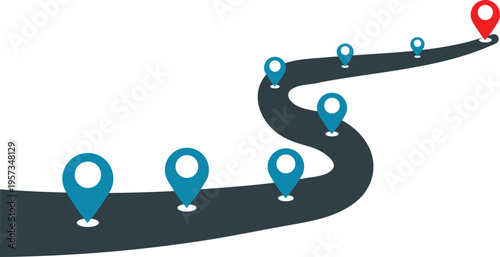 Road map infographic with pointer pins representing navigation route timeline showing success journey path progress way forward to finish point destination goal achievement business development