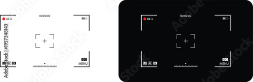 Camera viewfinder frame screen overlay with digital display recording indicators focusing brackets and video interface elements for photography cinematography and professional media production