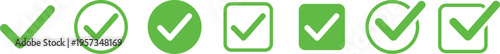 Green check mark icons set featuring various styles like circular filled square outlined and transparent designs representing validation approval success completion task list and agreement