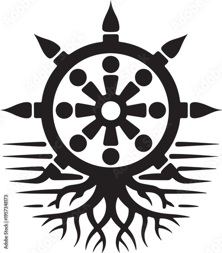 Buddhism dharma wheel with roots symbol of spiritual growth and enlightenment isolated