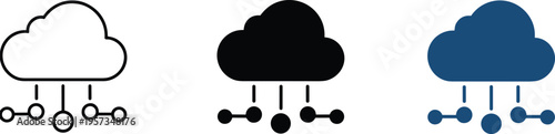 Cloud computing icons with connected nodes, technology network illustration showing data storage, digital connection, internet communication concept in multiple styles