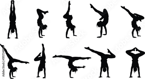 Set of handstand and acrobatic silhouettes showing balance flexibility and gymnastics poses isolated black vector illustration for fitness training design