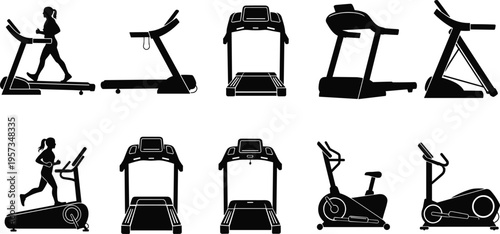 Set of treadmill and gym equipment silhouettes including running machines and cardio trainers isolated black vector illustration for fitness design use